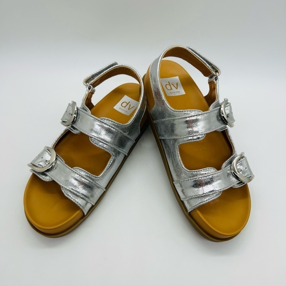DOLCE VITA WOMEN‘S SHINY SILVER STRAPPY ALAMEDA SANDALS SIZE 8 - Picture 12 of 14